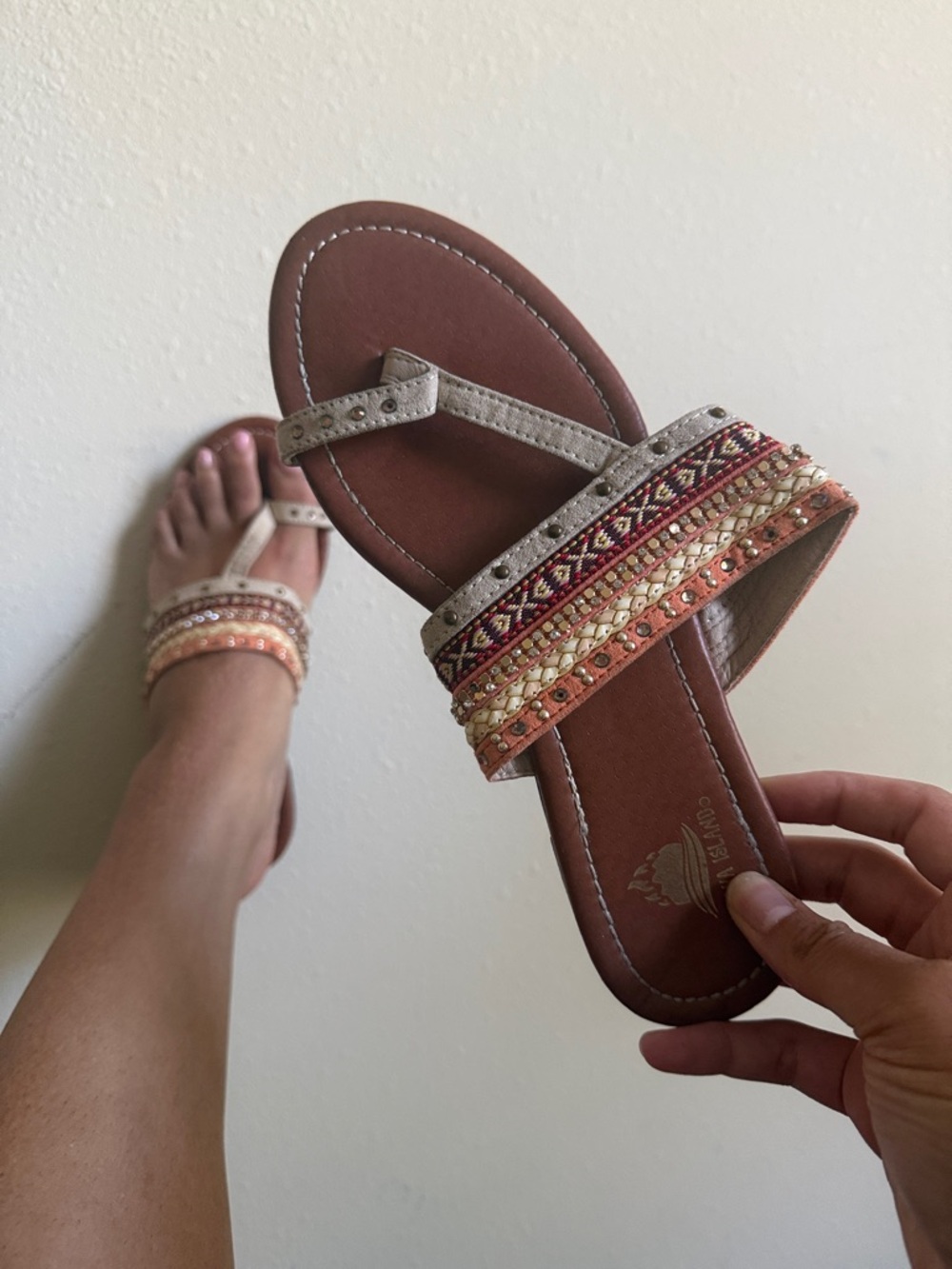 Aloha Island Women's Embellished T-Strap Sandal - Tan, Coral, Cream